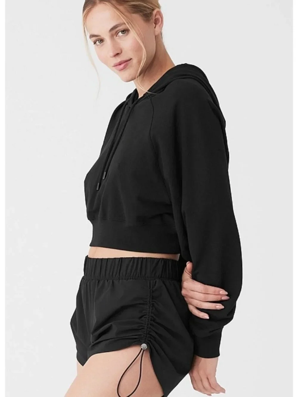 Alo Cropped Double Take Hoodie Black Hooded Hood Pullover Stretchy Sweatshirt S